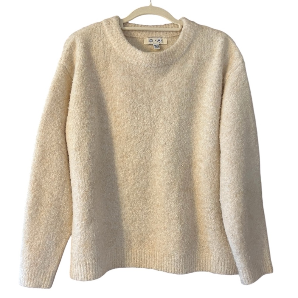 She + Sky Cozy Cream Fuzzy Knit Crew Neck Neutral Pullover Sweater One Size